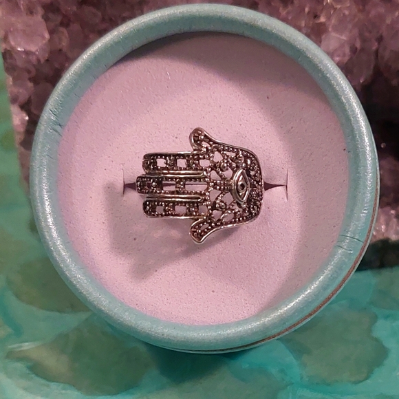 Ornate Hamsa Hand Solid Sterling Silver Ring - Picture 1 of 7